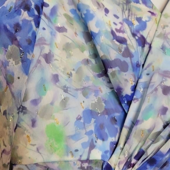 NWT Adrianna Papell Abstract Floral Metallic Chiffon Blue High-Low Dress Size 10 - Picture 11 of 16